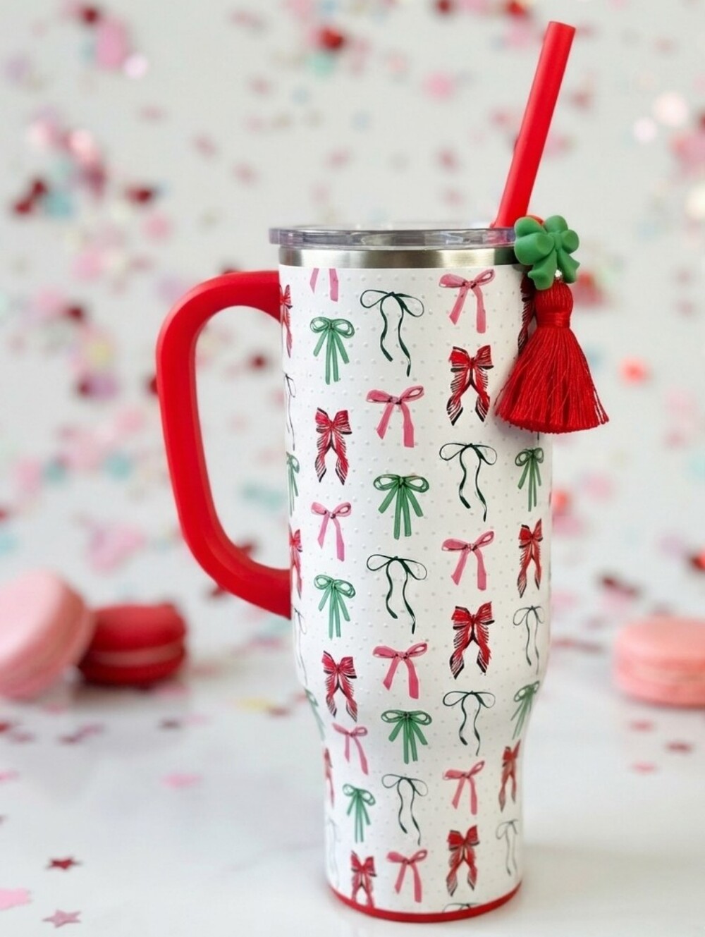 30oz Ribbons & Bows Mug w/Lid, Straw & Charm, Pink, Red & Green w/Ivory Pearls